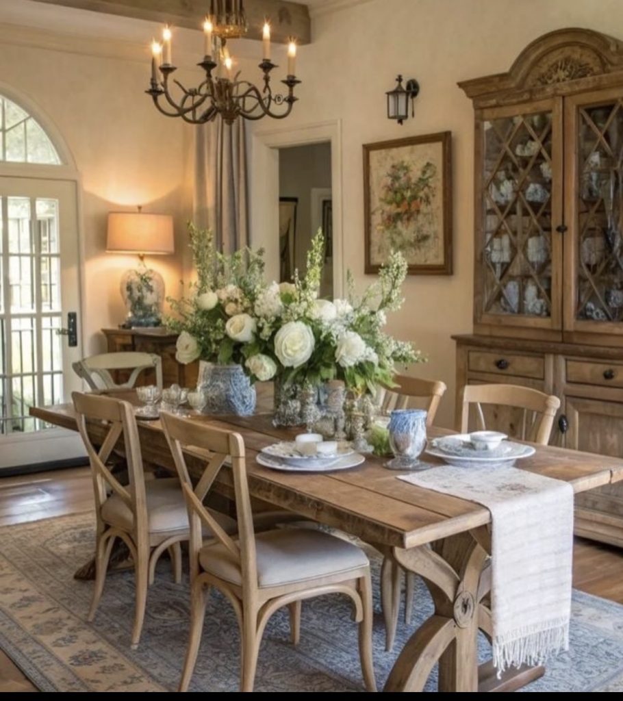 Florals on a shabby chic dining table 