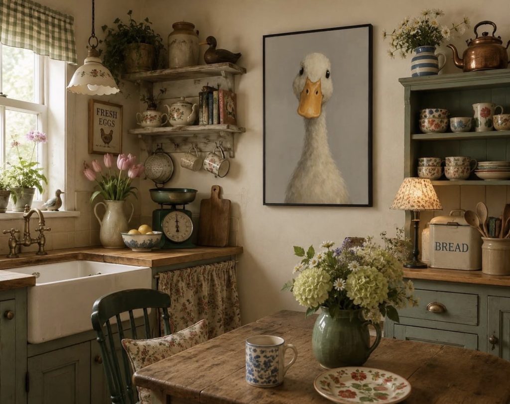 Vintage cottage kitchen with wall decor