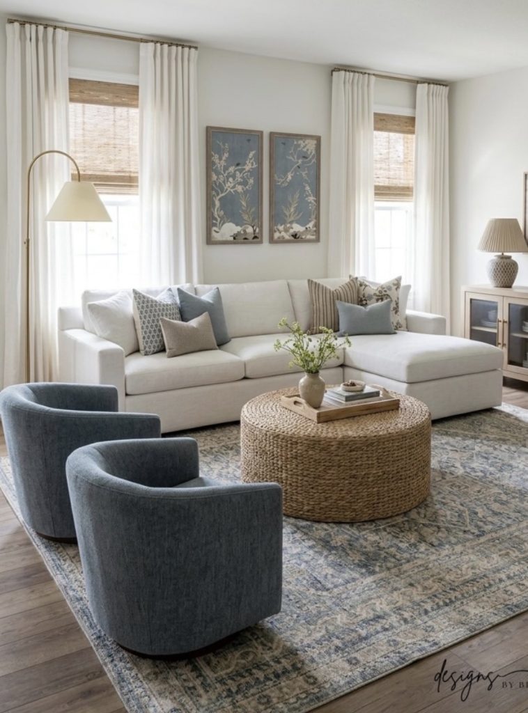 Statement rug in a cape cod living room 