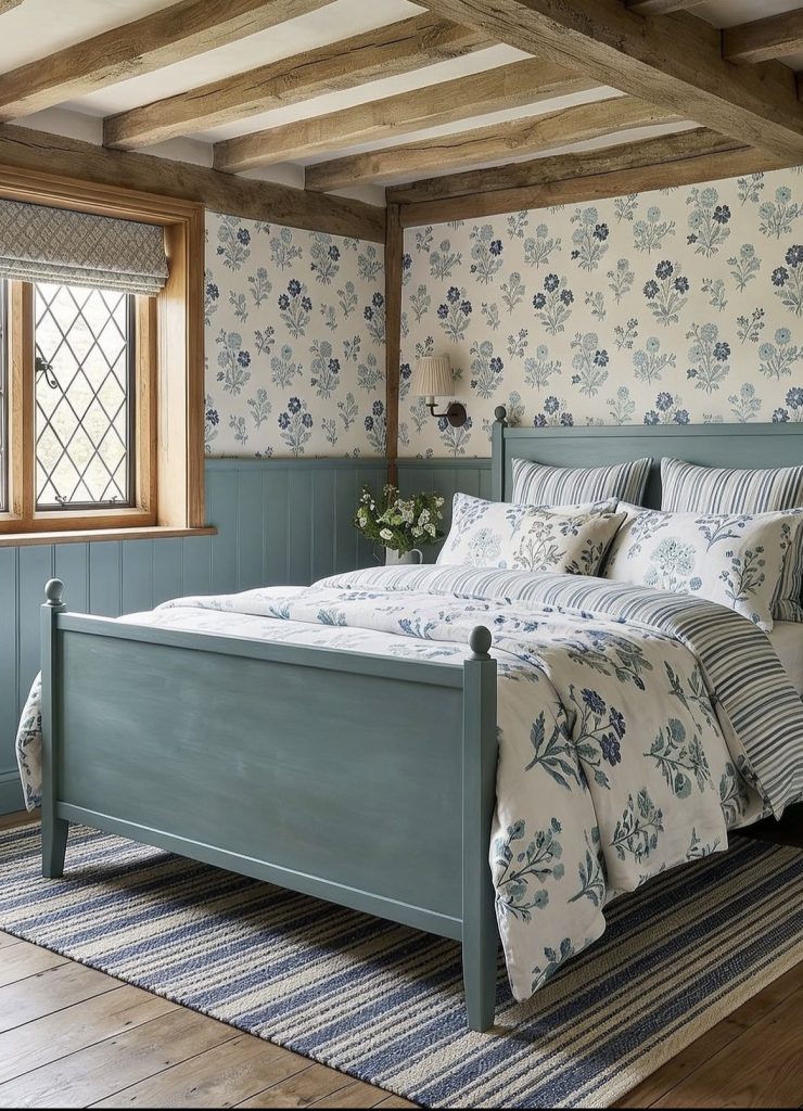 English cottage bedroom with wallpaper 