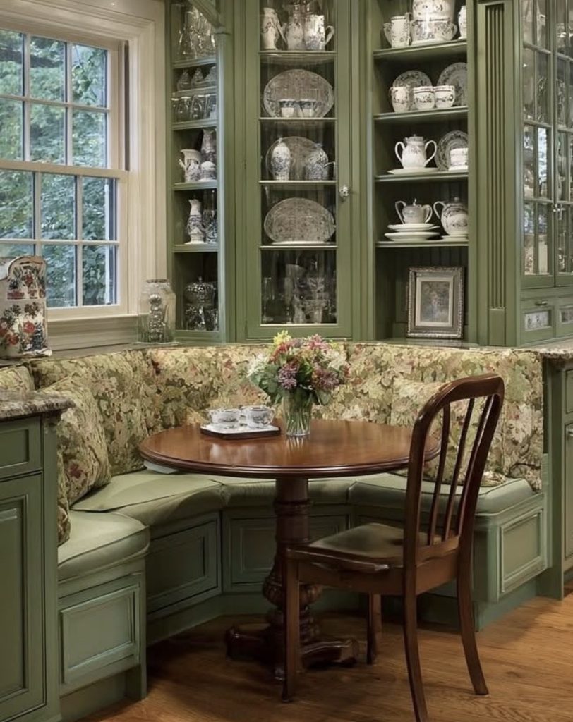 Deep green breakfast nook 