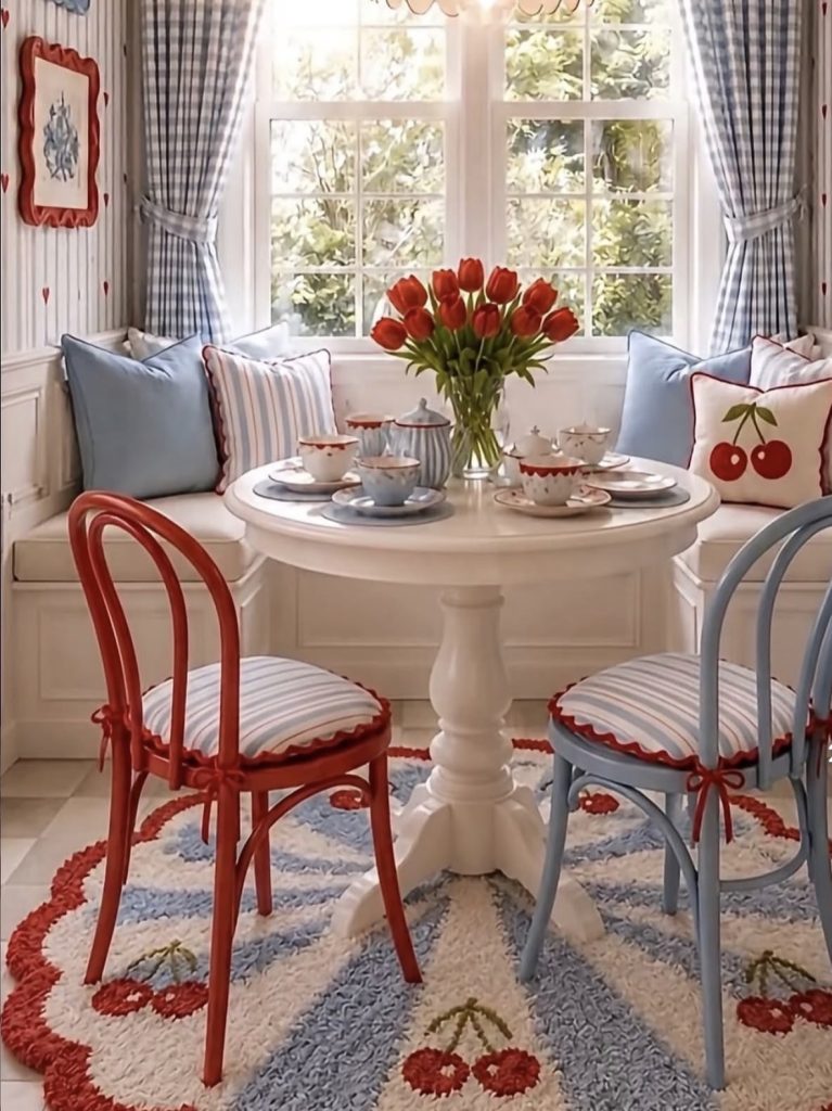 Statement rug in a breakfast nook 