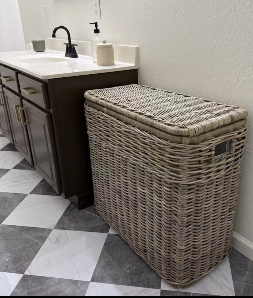 Woven basket in a cape cod bathroom 