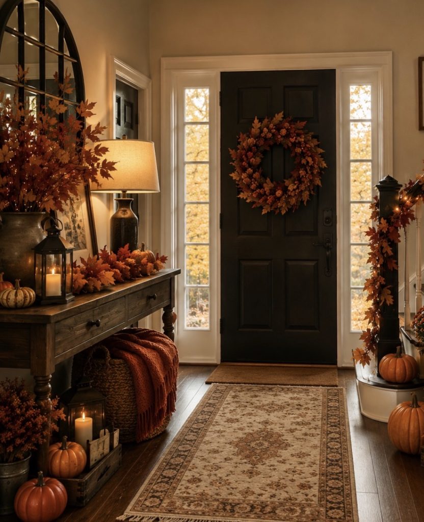 Fall thanksgiving entryway with wreath 