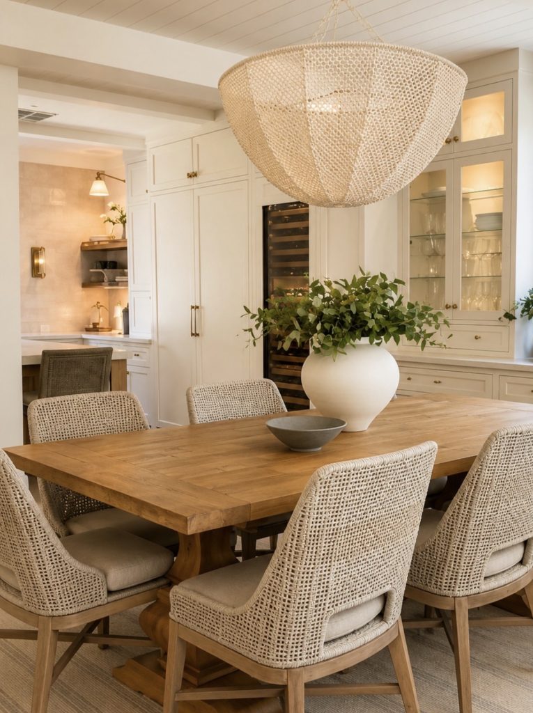 Statement light fixture in a cape cod dining room 