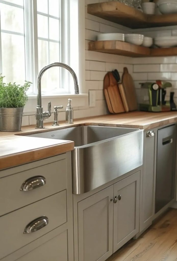 Farmhouse sink with cutting board around it