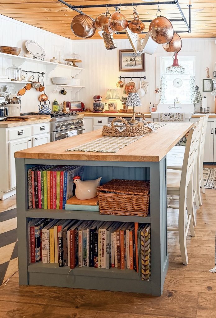 Rustic farmhouse kitchen island with Open Shelving