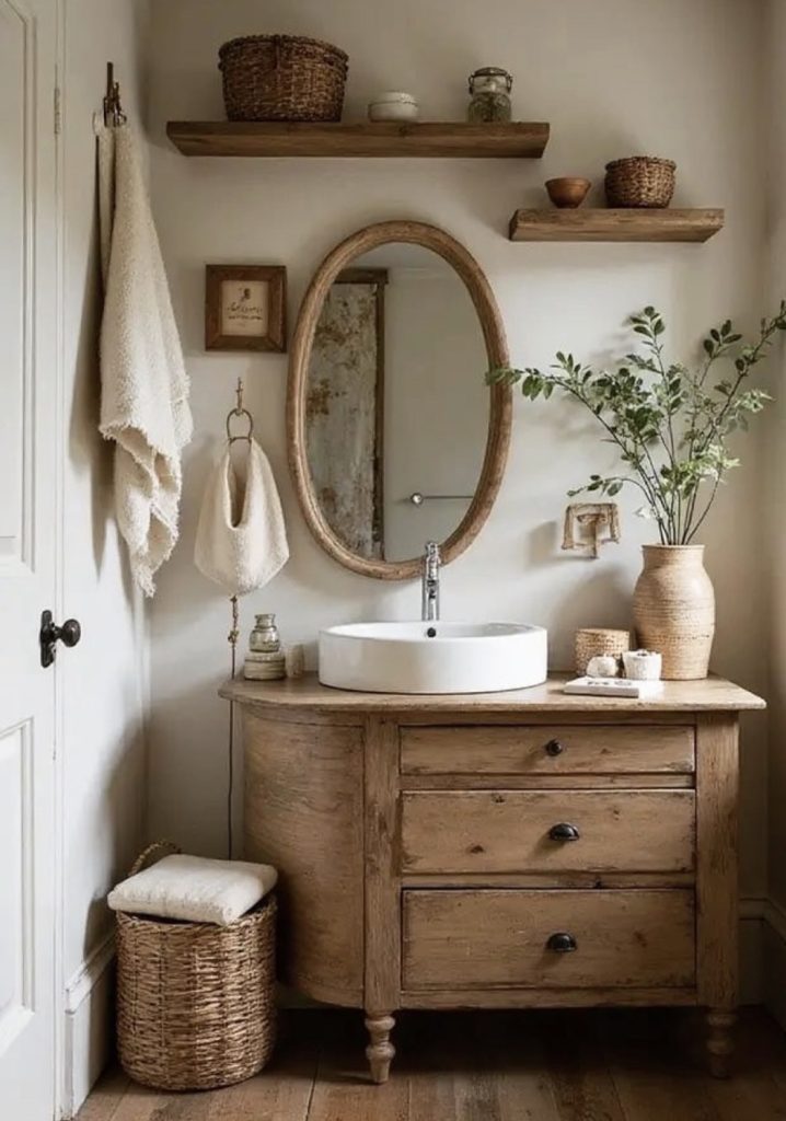 Open shelves in a shabby chic bathroom