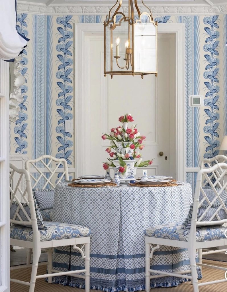 Skirted Tablecloth On A Coastal Grandmother Dining Room