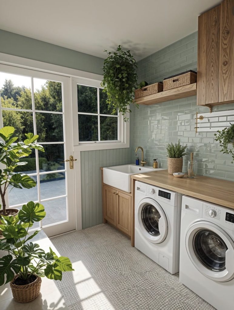 Boho laundry room with plants