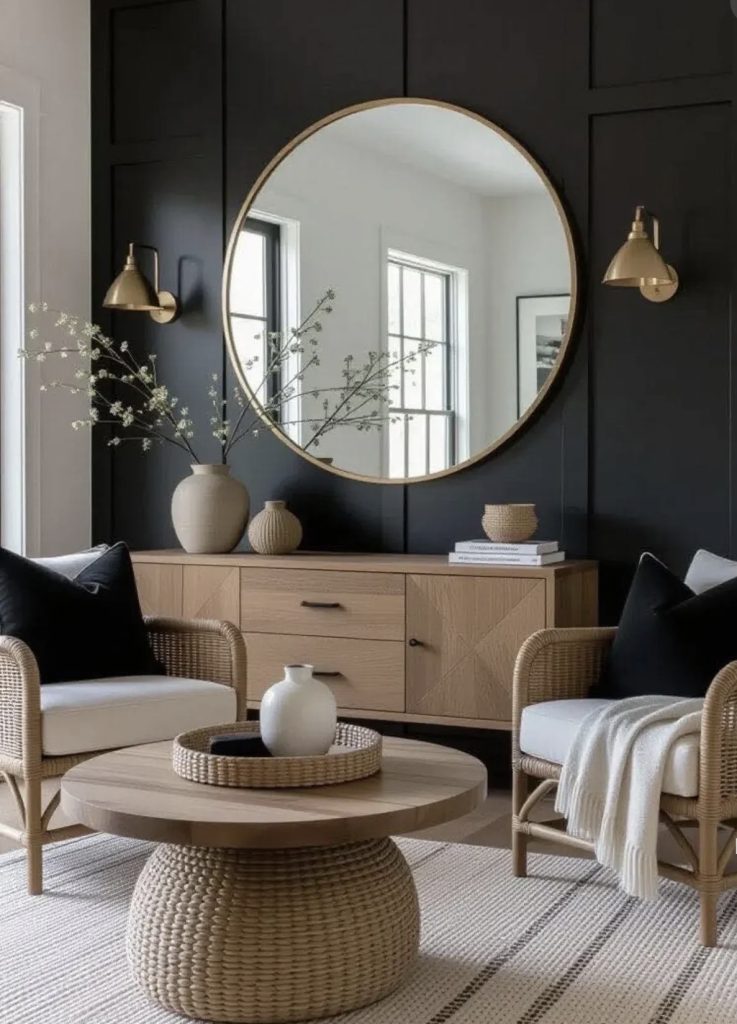 Matte Black with Warm Wood Accents