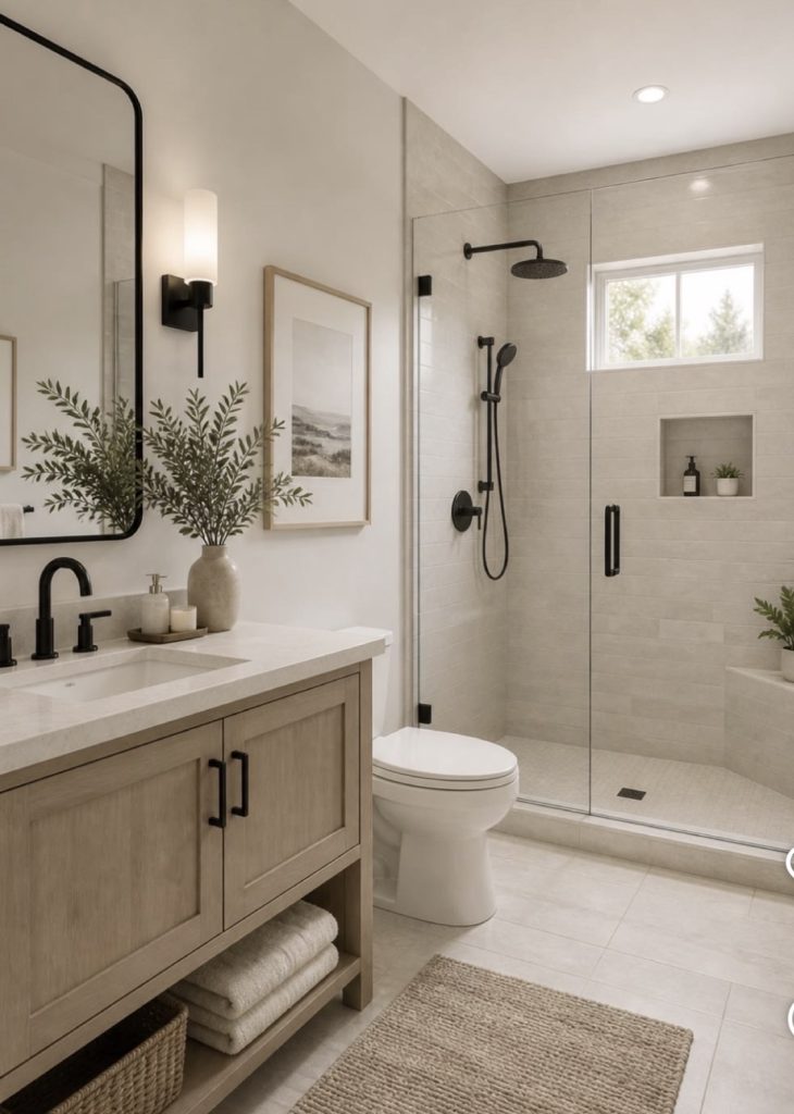 Warm neutral bathroom with cream tiles