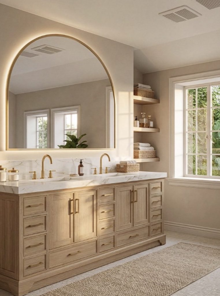 Wood vanity in a warm neutral bathroom