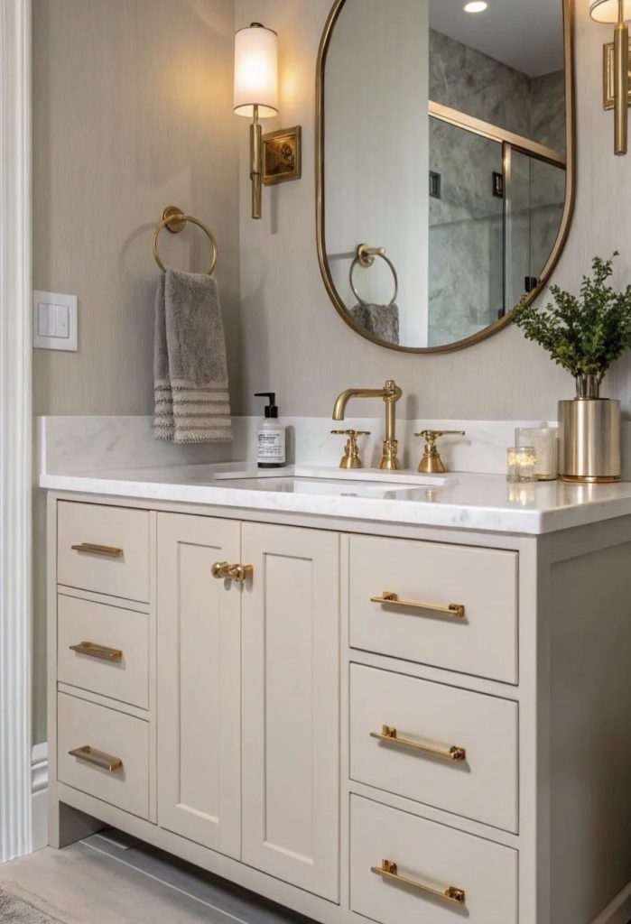 Matte gold finishes in warm neutral bathroom