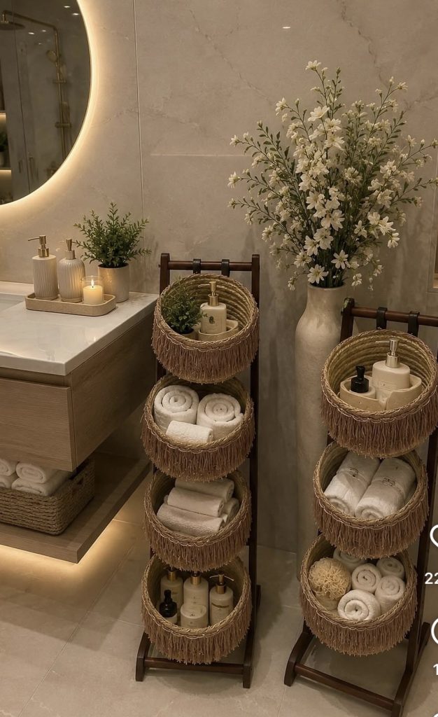 Woven basket in a warm neutral bathroom