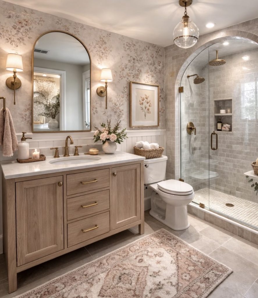 Warm neutral bathroom with lighting fixtures