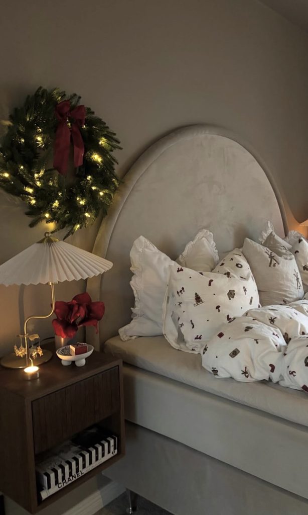 Bedroom nightstand decorated for Christmas