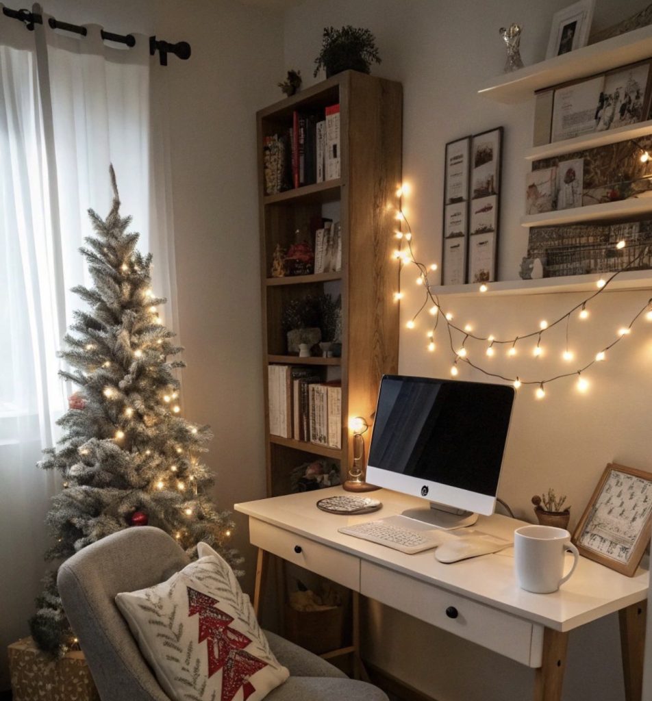 White string Christmas lights in office 