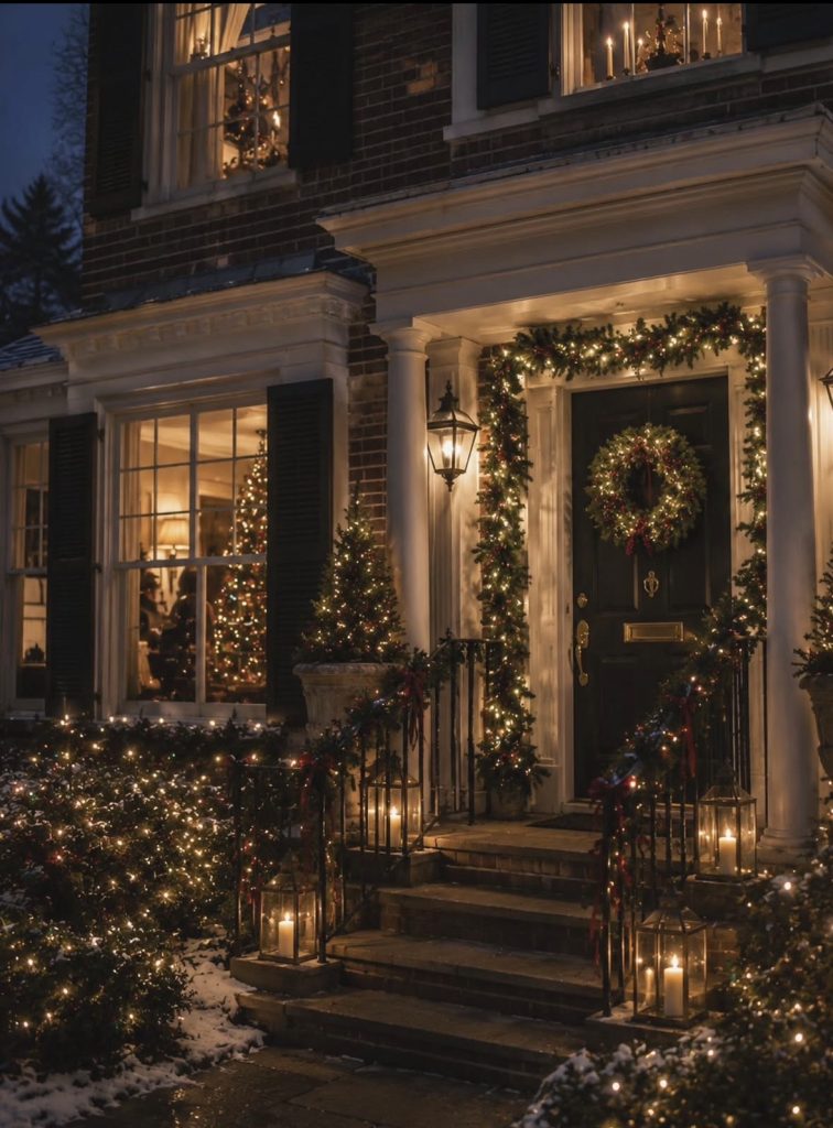 Porch Railings Wrapped With Christmas Lights