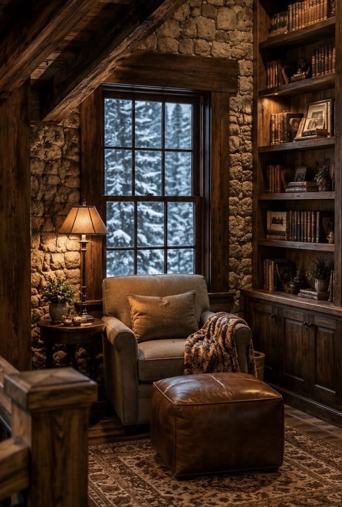 Rustic Winter Cabin Living Room with Reading Nook