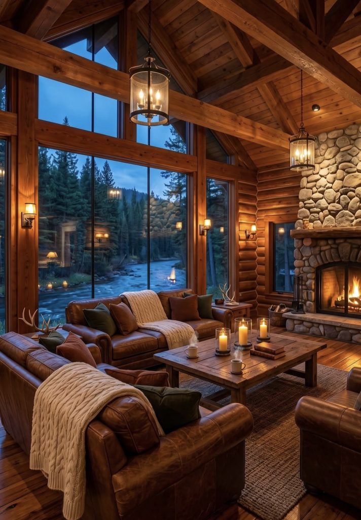 Rustic Winter Cabin Living Room with Warm lighting