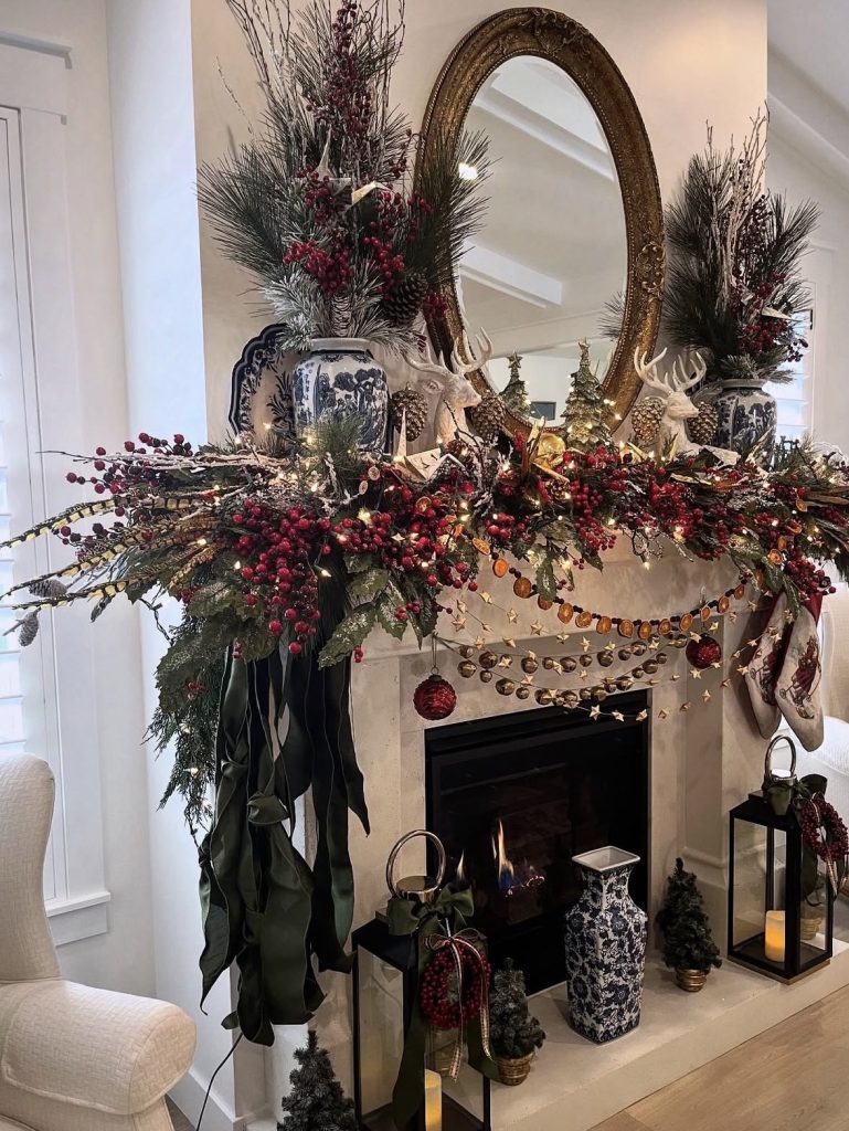Fireplace mantel decorated for Christmas 