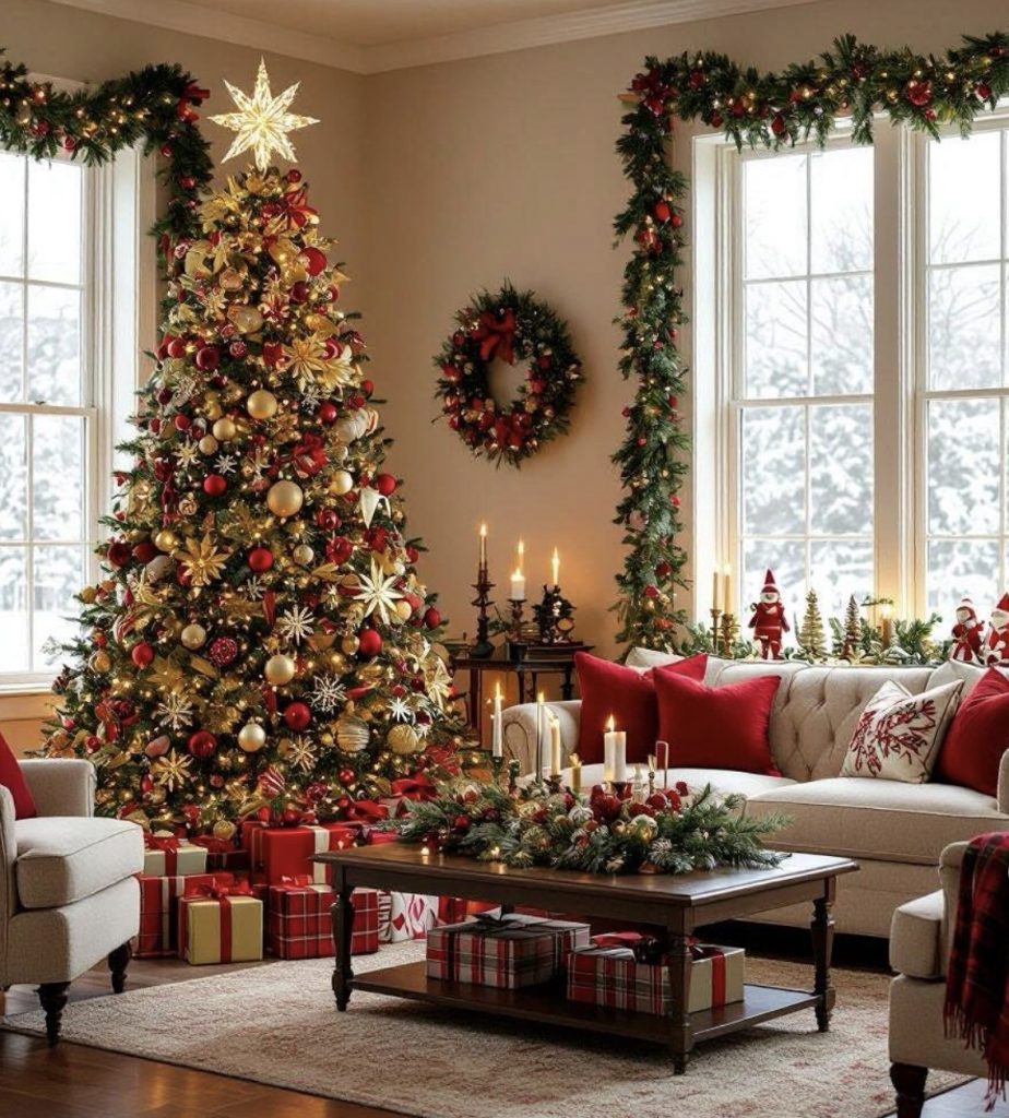 Holiday wreath over sofa 