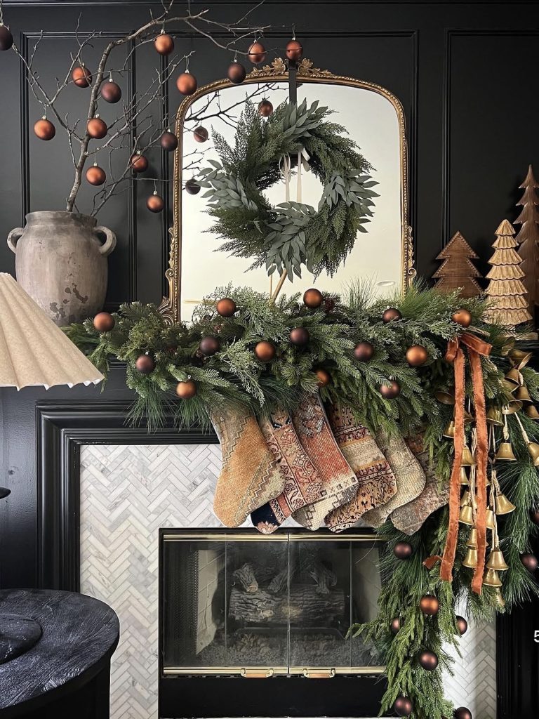 Greenery and Pinecones mantel decor 