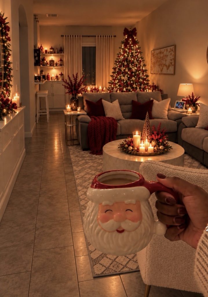 Holiday themed living room with warm light 