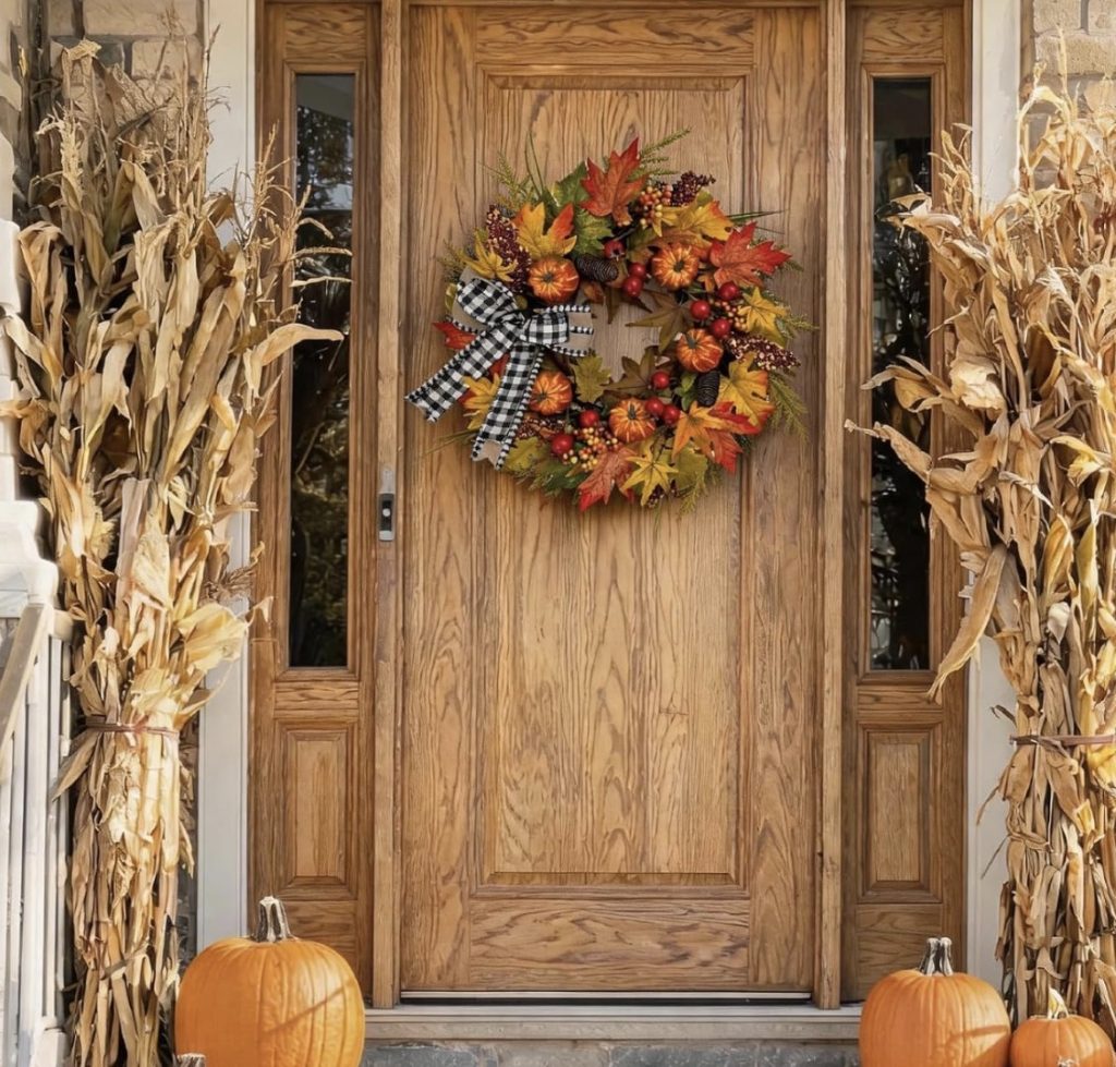 Classic Fall Leaf Wreath With a Plaid Ribbon