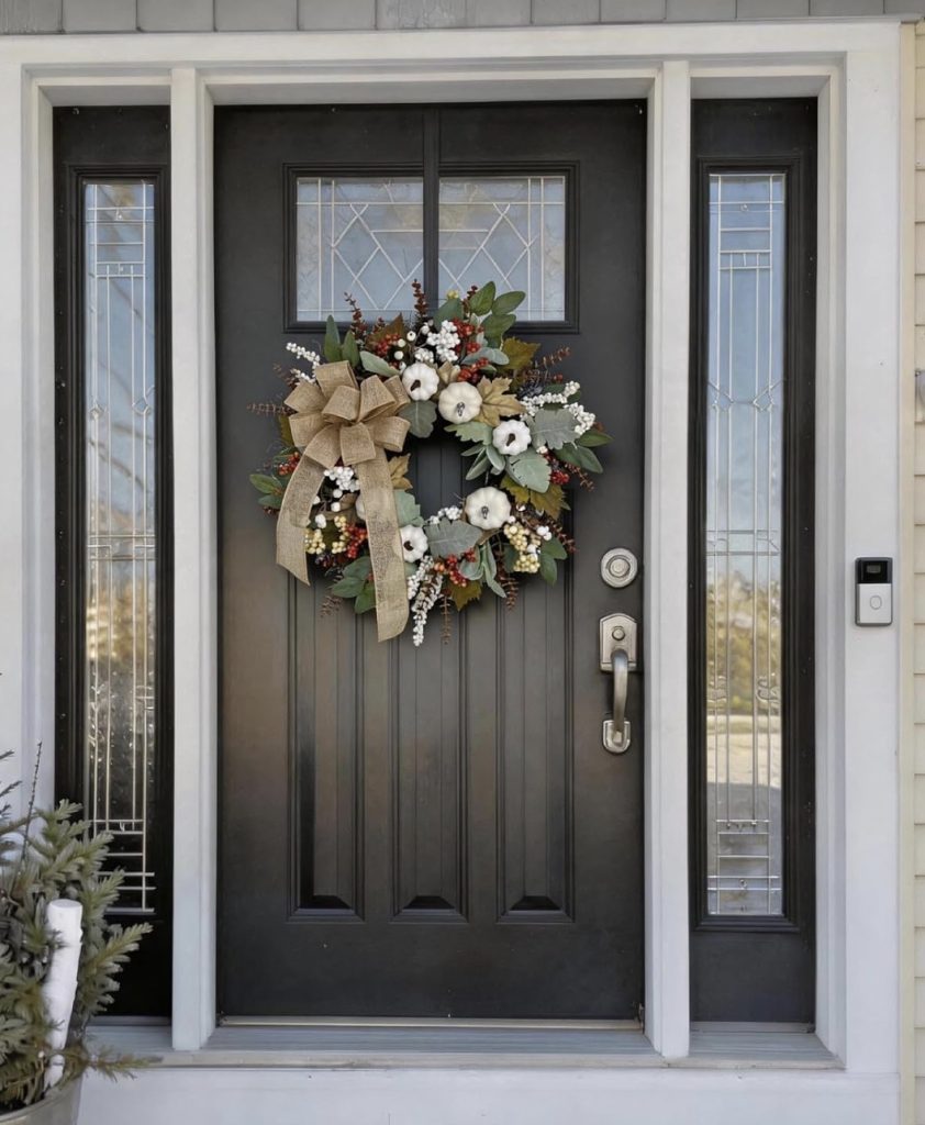 Neutral Fall Wreath With a Large Beige Ribbon