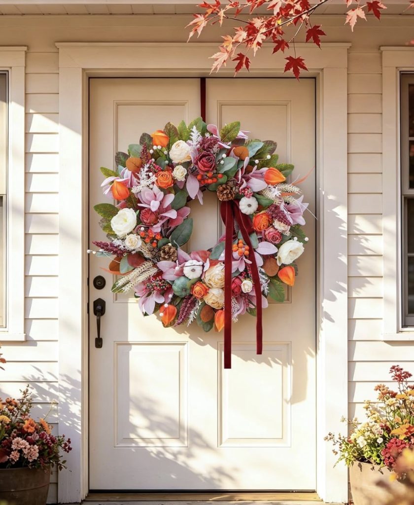 Pumpkin Wreath With a Burgundy Velvet Bow