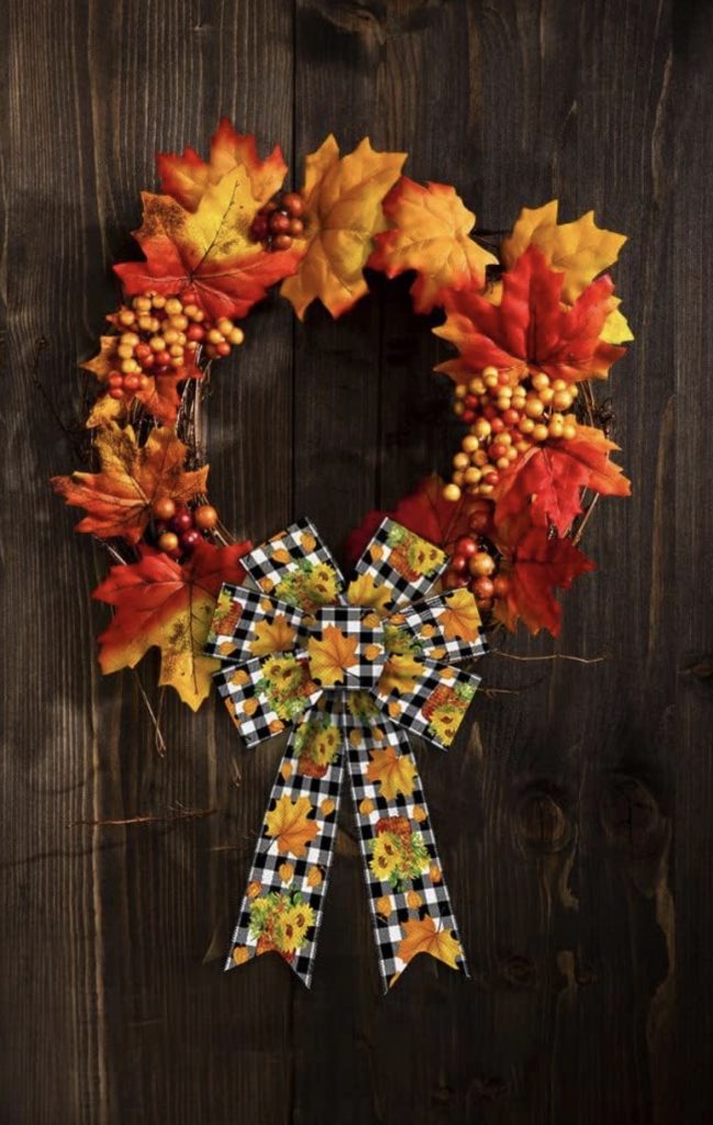 Sunflower Wreath With a Black and White Check Ribbon