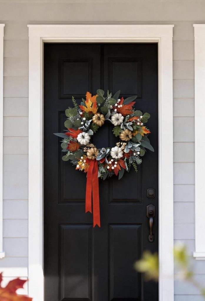 Moody Fall Wreath With a Deep Green Ribbon