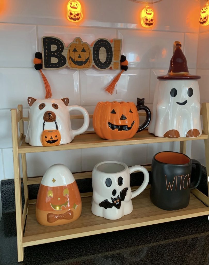 Halloween Shelf With Thrifted Dishes