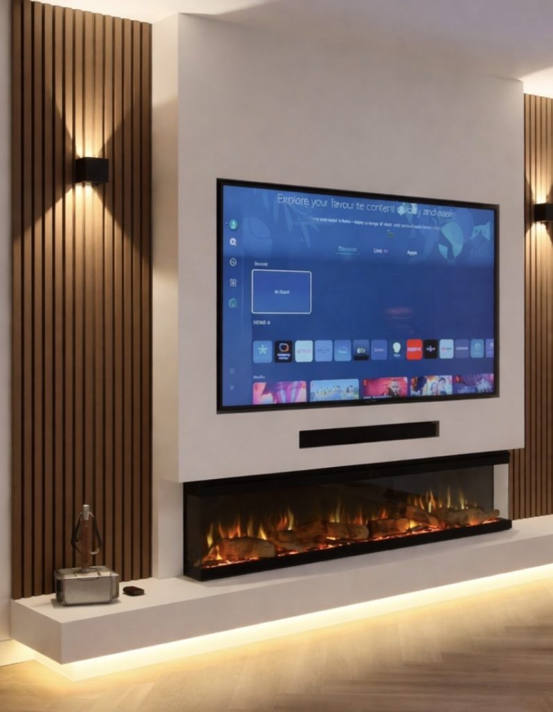 Slim Linear Electric Fireplace Under a Wall-Mounted TV