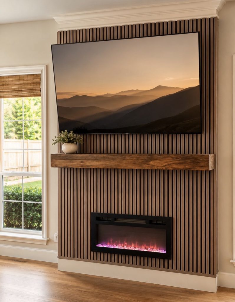 Electric Fireplace With a Wood Mantel
