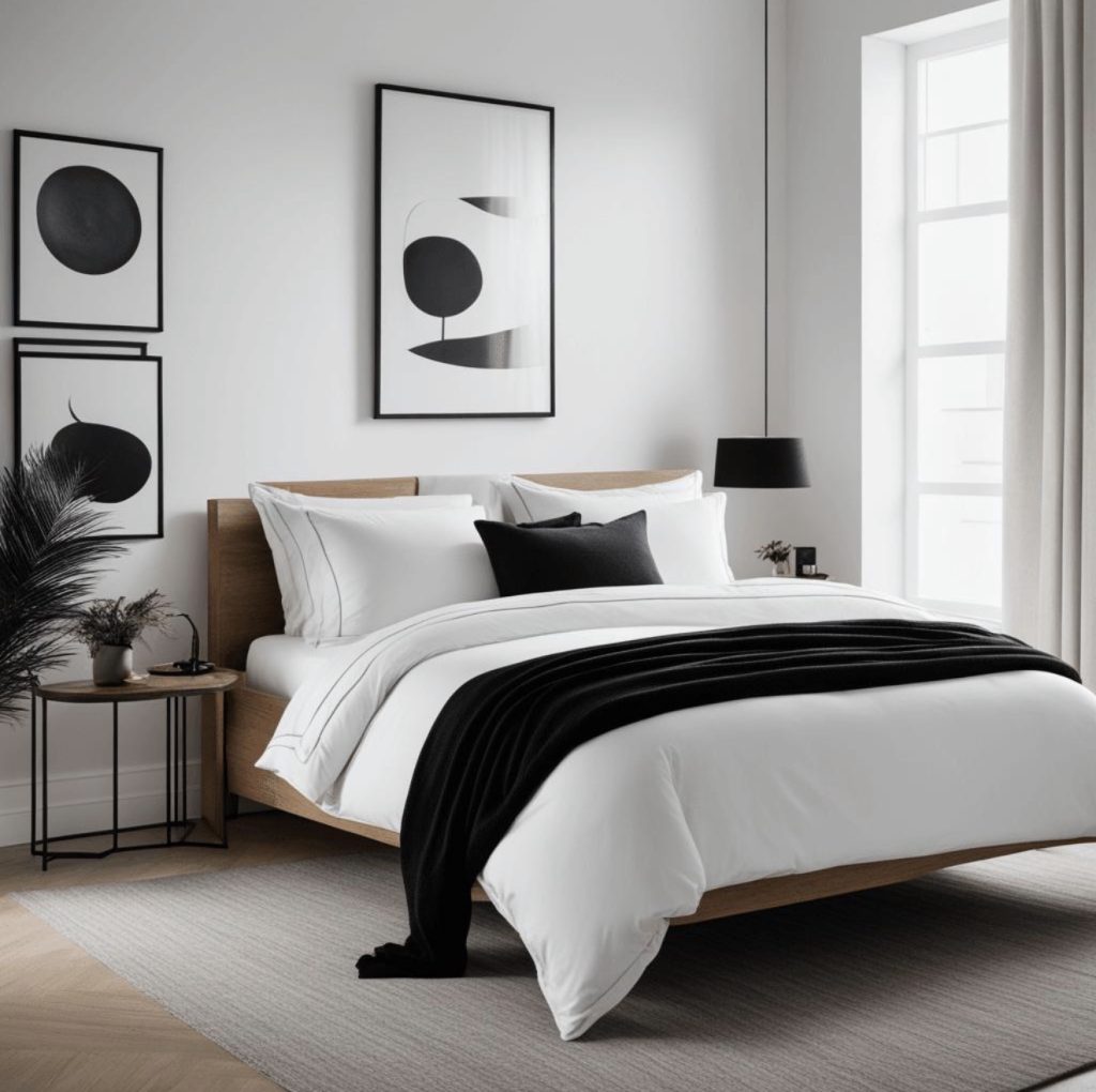 Layer White Bedding With Black Throws and Pillows