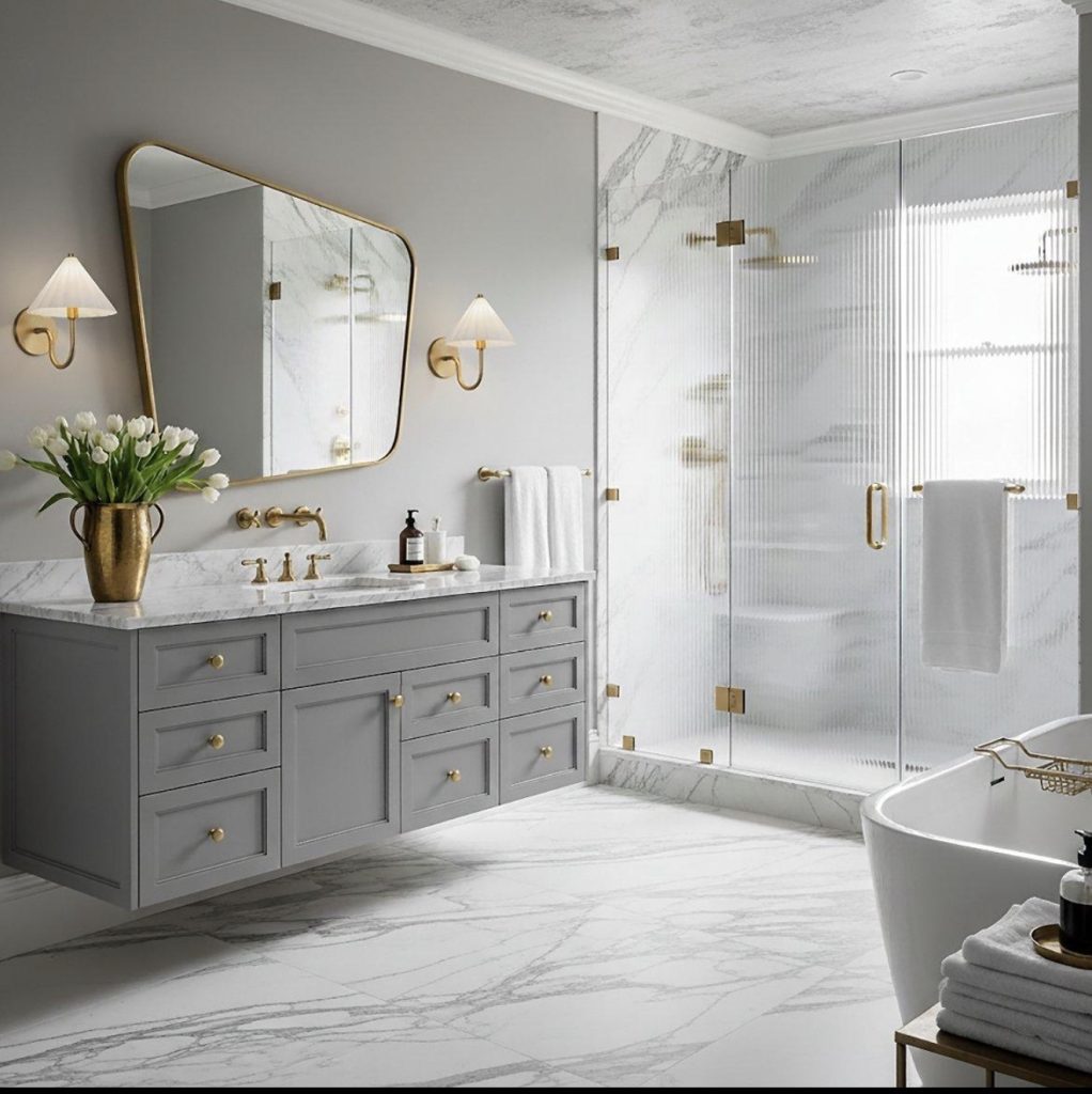 White Marble With Soft Gray Cabinets