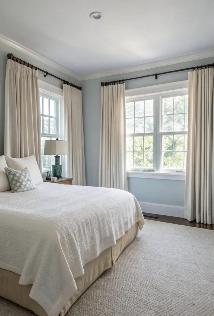 High curtains in a small bedroom 
