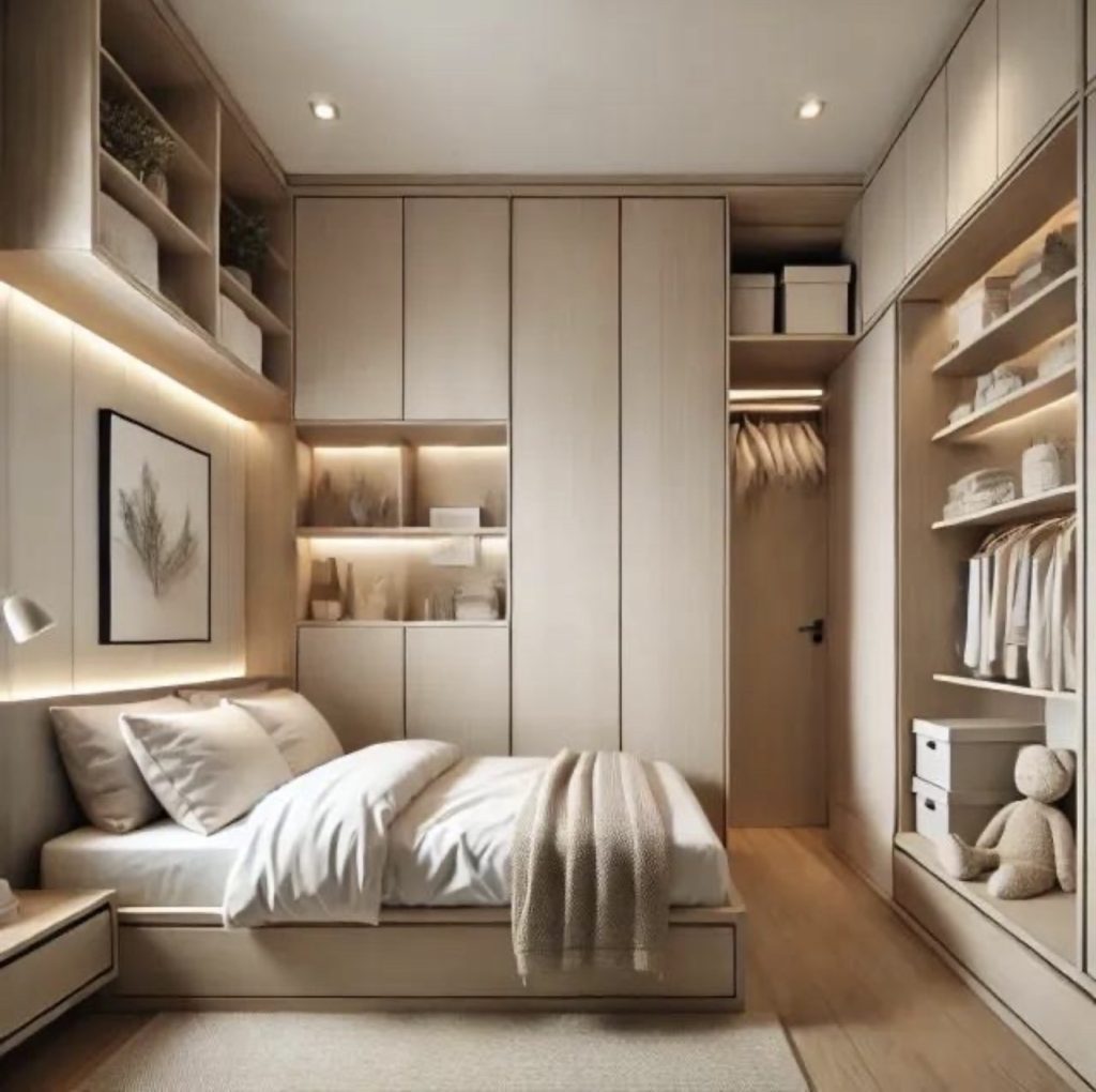 Small bedroom with vertical storage 