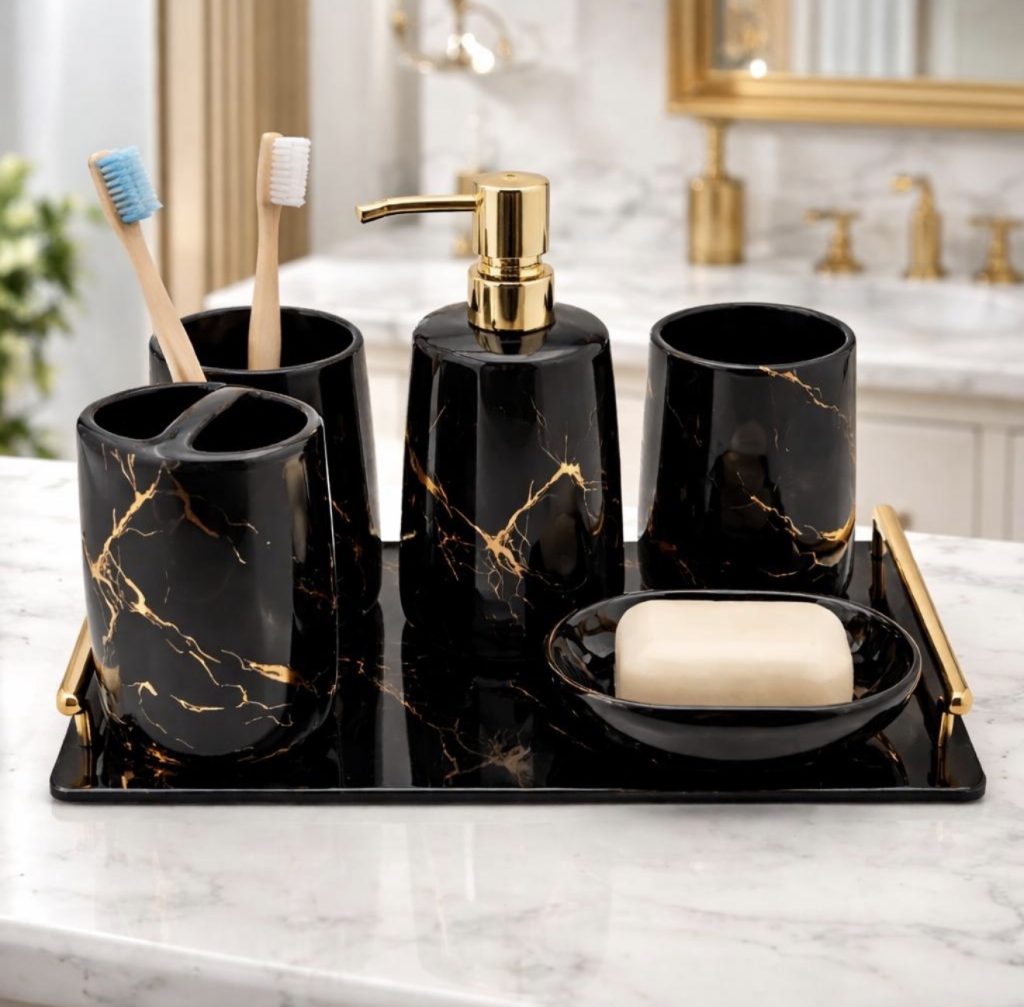 Vanity With Black and Gold Accessories