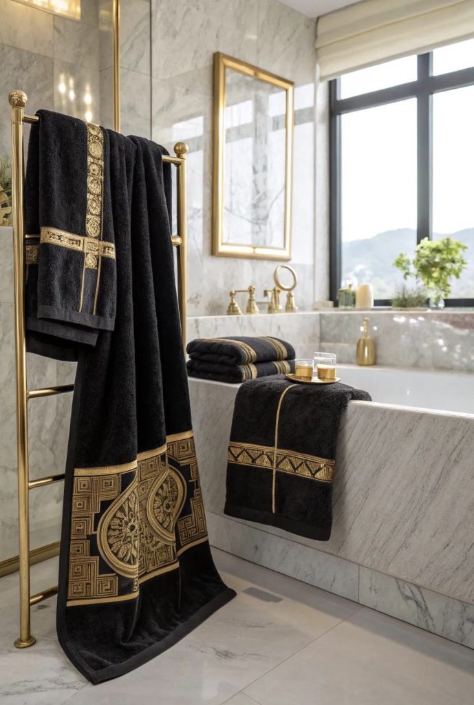 Black Towels With Small Gold Accents