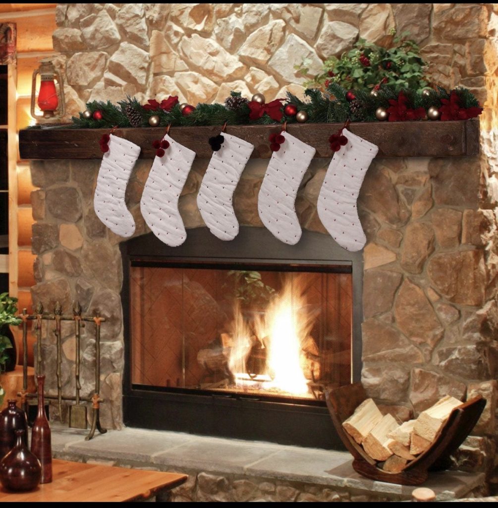 White Stocking Display With Red Ribbon