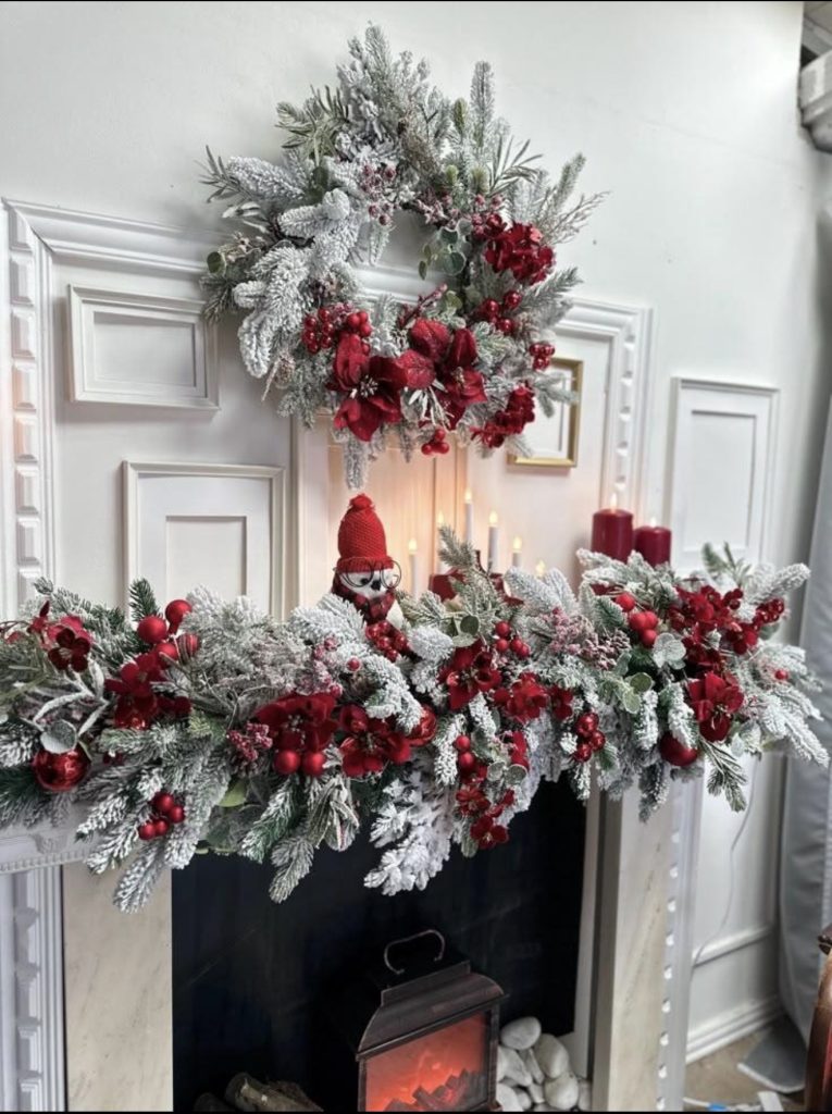 Snowy White Mantel With Deep Red Accents