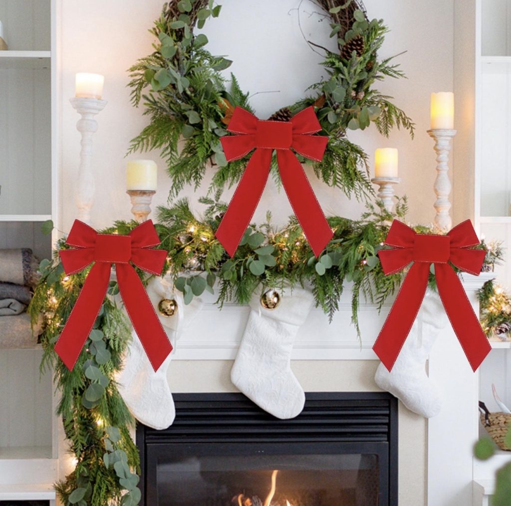 Red Velvet Bows and White Greenery