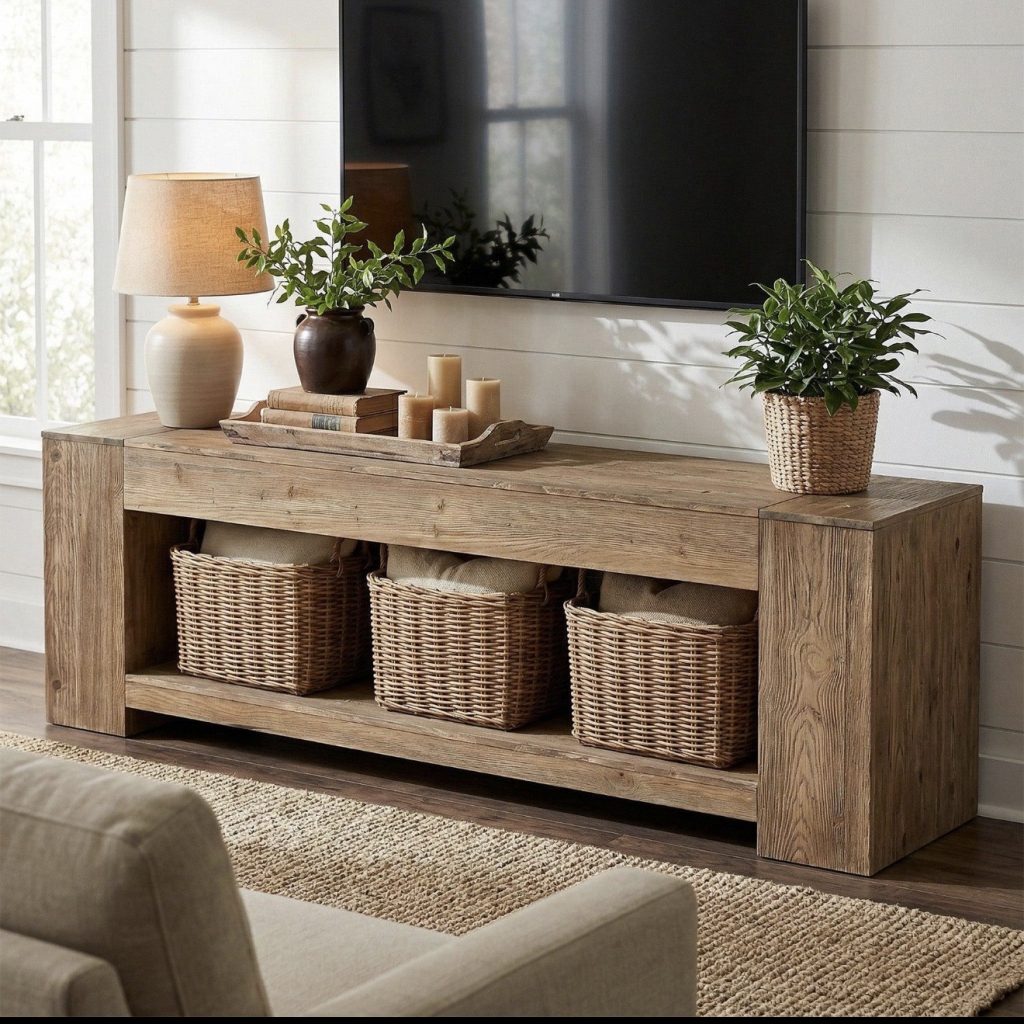 Woven Baskets to the Lower Shelves In Farmhouse TV stand