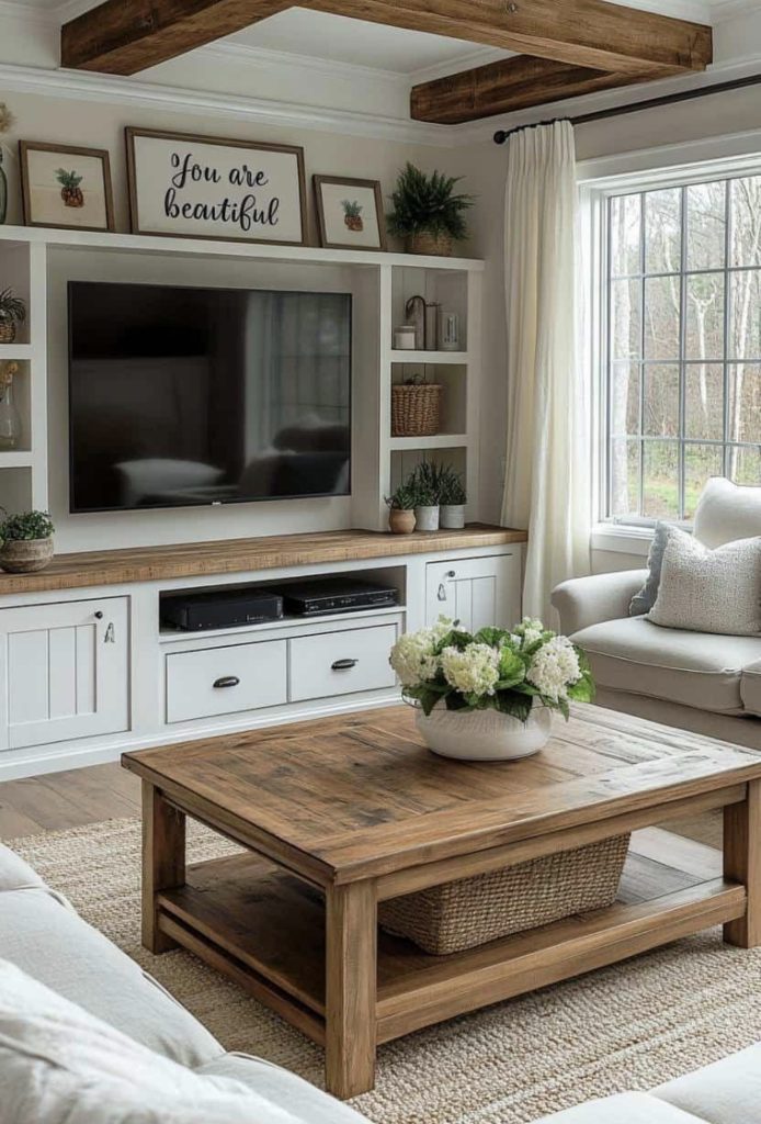 Coffee table in front of Farmhouse TV stand