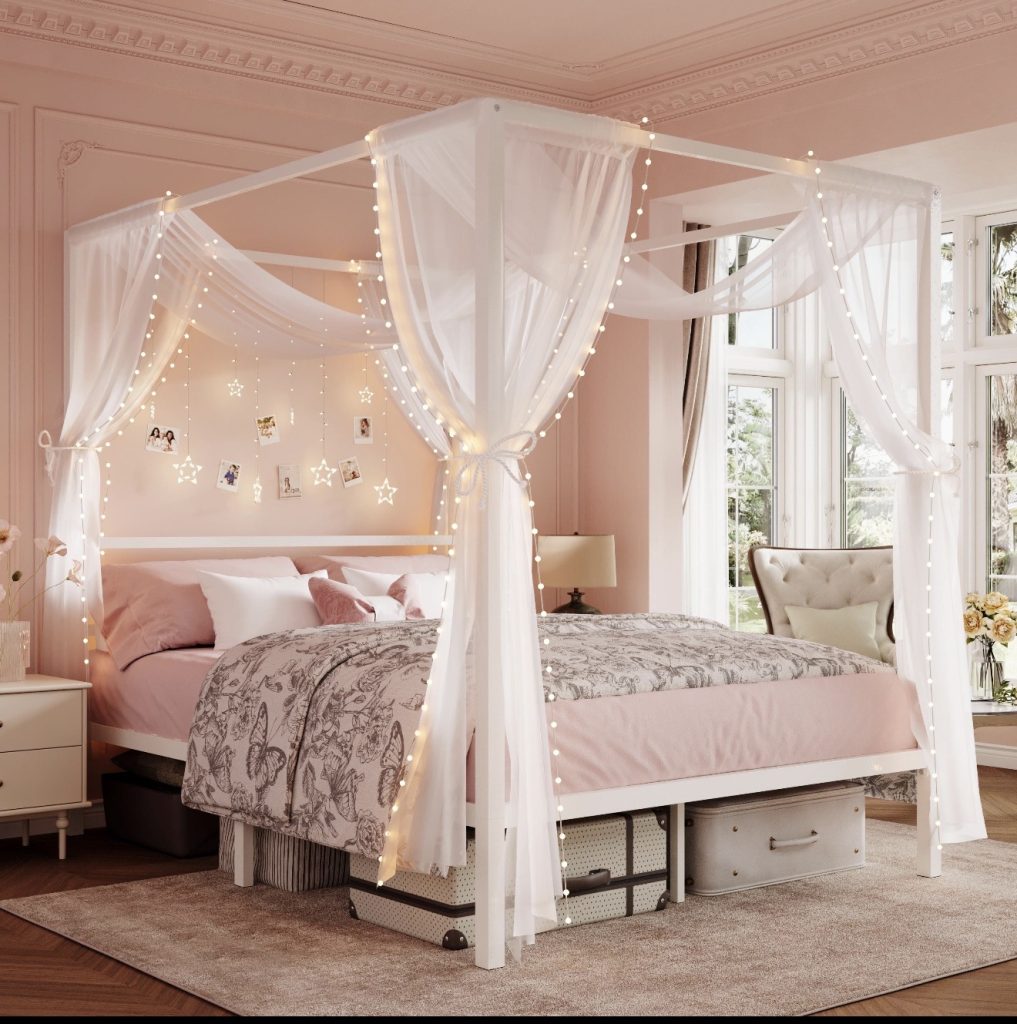 Dreamy Canopy Bed With Pink Fairy Lights