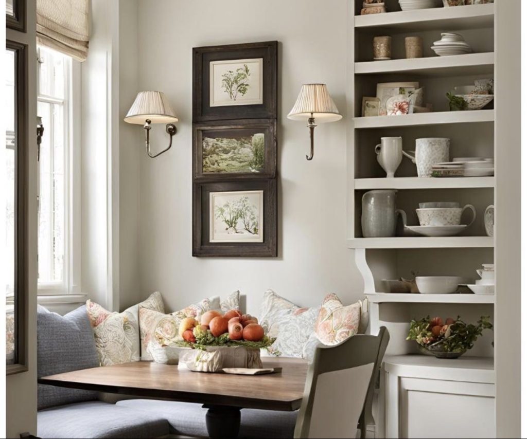 vintage-inspired plates and a picture ledge